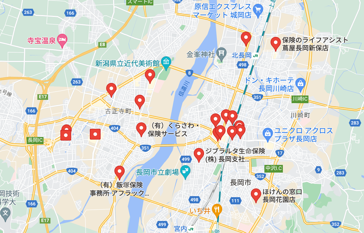 長岡の保険相談窓口のマップ